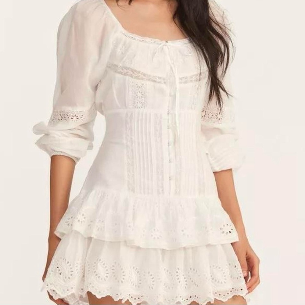 LoveShackFancy Tayton Eyelet Cotton Mini Dress in Ivory, Size 14